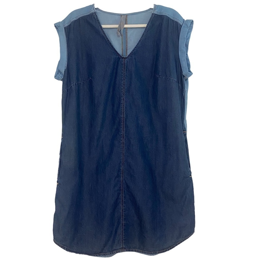 Melissa McCarthy Seven7 Colorblock Chambray Denim Shift Pocket Blue Dress Size S